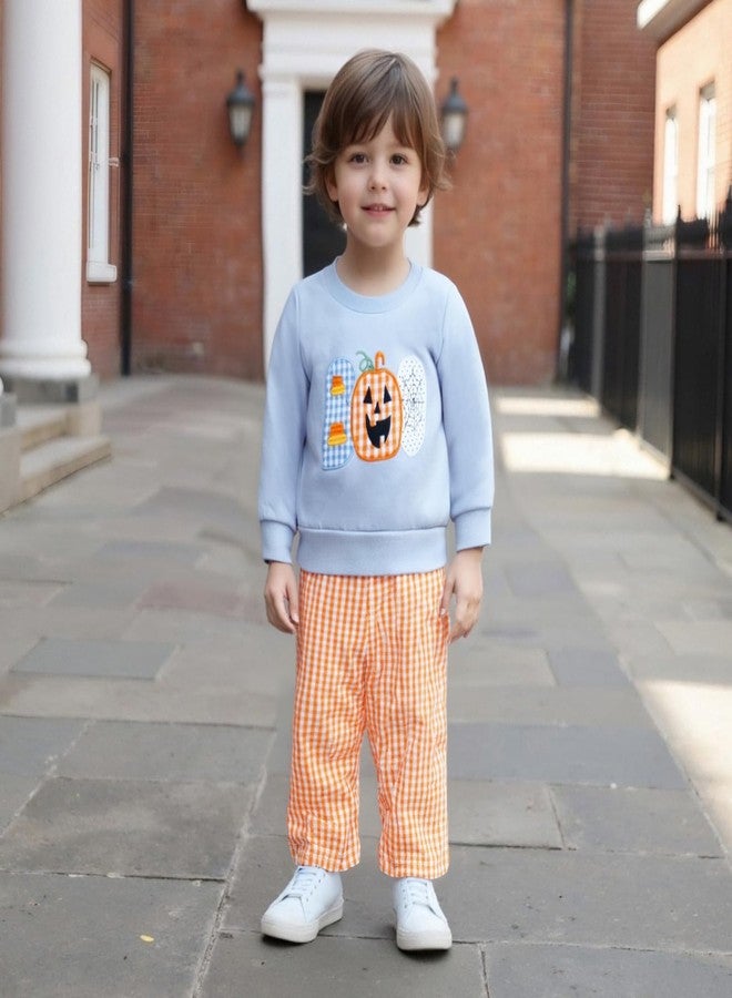 Mieeyali Toddler Baby Boy Halloween Outfits Pumpkin Sweatshirt Pullover Tops Shirt Gingham Pants Set Fall Clothes (Blue, 6-12 Months) - Image 2